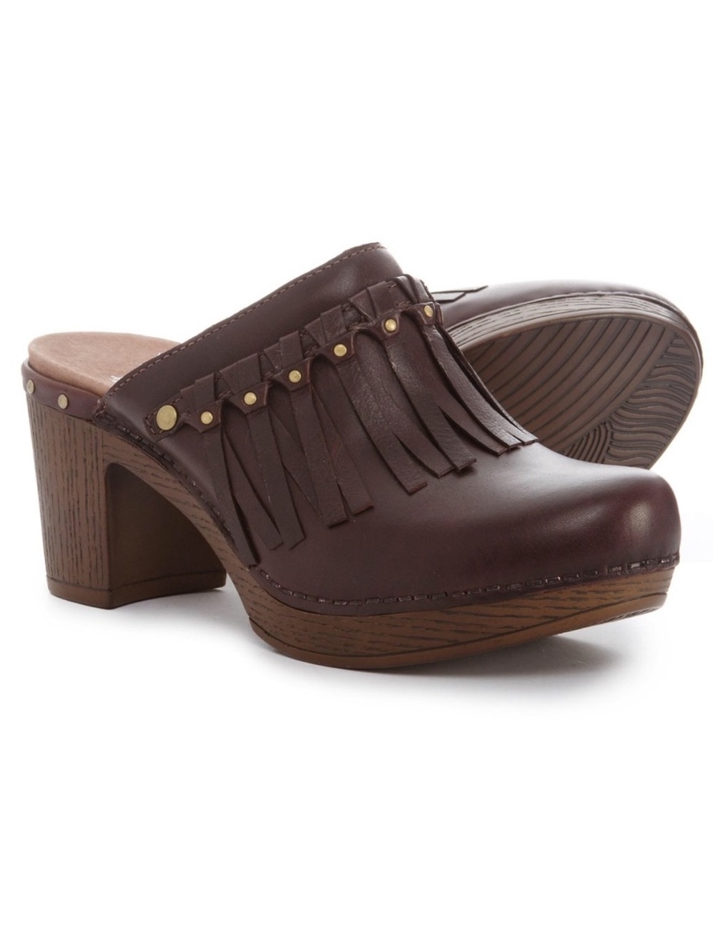Dansko Deni Dark Brown Leather Fringed Mule Clogs EU 41